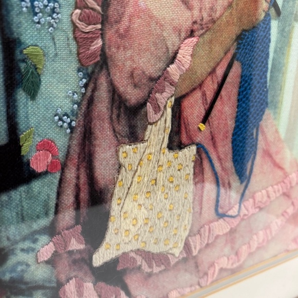 Vtg “Alice Knitting” Crewel Embroidery Framed Jessie Wilcox Smith Art 22x17” - Picture 4 of 10